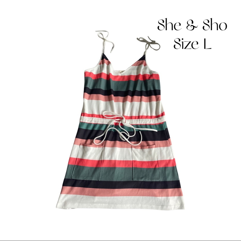 Striped Print Colorblock Drawstring Casual Dress - size Large